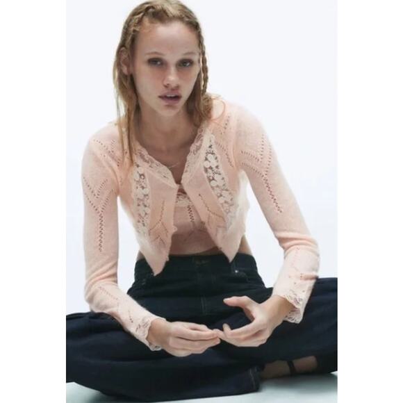 Zara Pink Lace Detail Cardigan - Picture 9 of 10